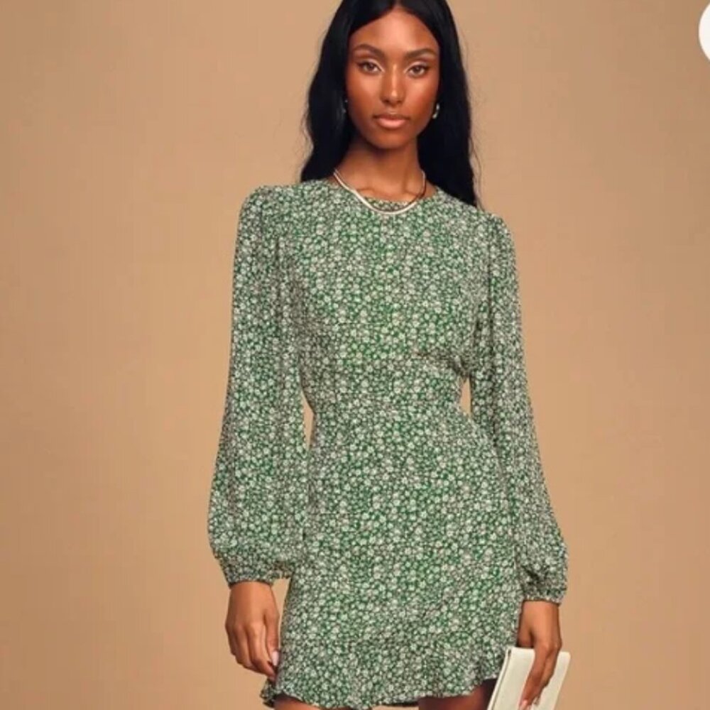 NWOT Lulus green floral printed mini dress X small